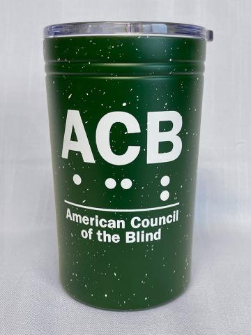Green tumbler with white speckles and ACB logo - front view with lid on top